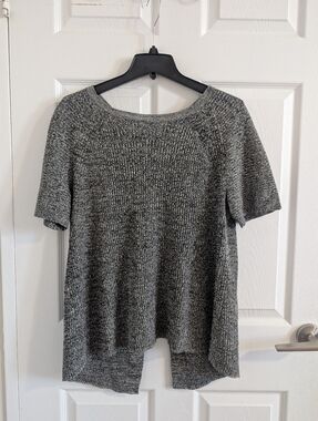Eileen Fisher Heather Grey Hemp Blend Open Cross Back Short Sleeve Sweater EUC M